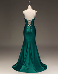 Simple Dark Green Spaghetti Straps Lace Up Long Tight Satin Corset Prom Dress outfits, Prom Dressed Long
