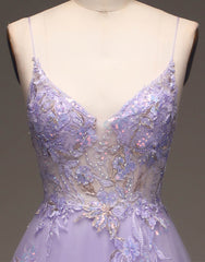 Romantic A-Line Purple Long Glitter Corset Prom Dress With Appliques Gowns, Prom Dress Elegant