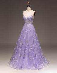Romantic A-Line Purple Long Glitter Corset Prom Dress With Appliques Gowns, Prom Dresses Outfits