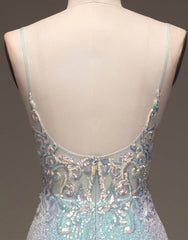 Sparkly Grey Blue Spaghetti Straps Long Mermaid Corset Prom Dress With Split outfit, Prom Dresses Tulle