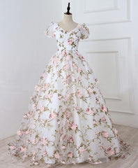 White V Neck 3D Flowers Long Corset Prom Dress, White Evening Dress outfit, Prom Dresses Brands