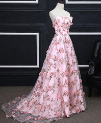 Pink Tulle 3D Flowers Long Corset Prom Dress, Pink Evening Dress outfit, Homecoming Dress Beautiful