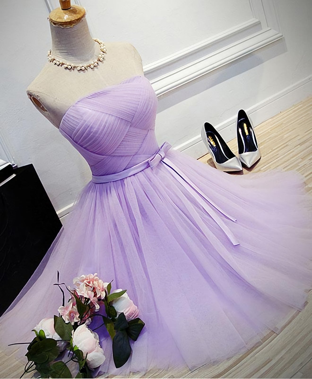 Cute A Line Tulle Short Corset Prom Dress, Corset Bridesmaid Dress outfit, Formal Dress With Embroidered Flowers
