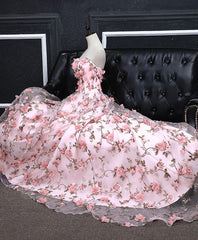 Pink Tulle 3D Flowers Long Corset Prom Dress, Pink Evening Dress outfit, Homecoming Dresses Beautiful
