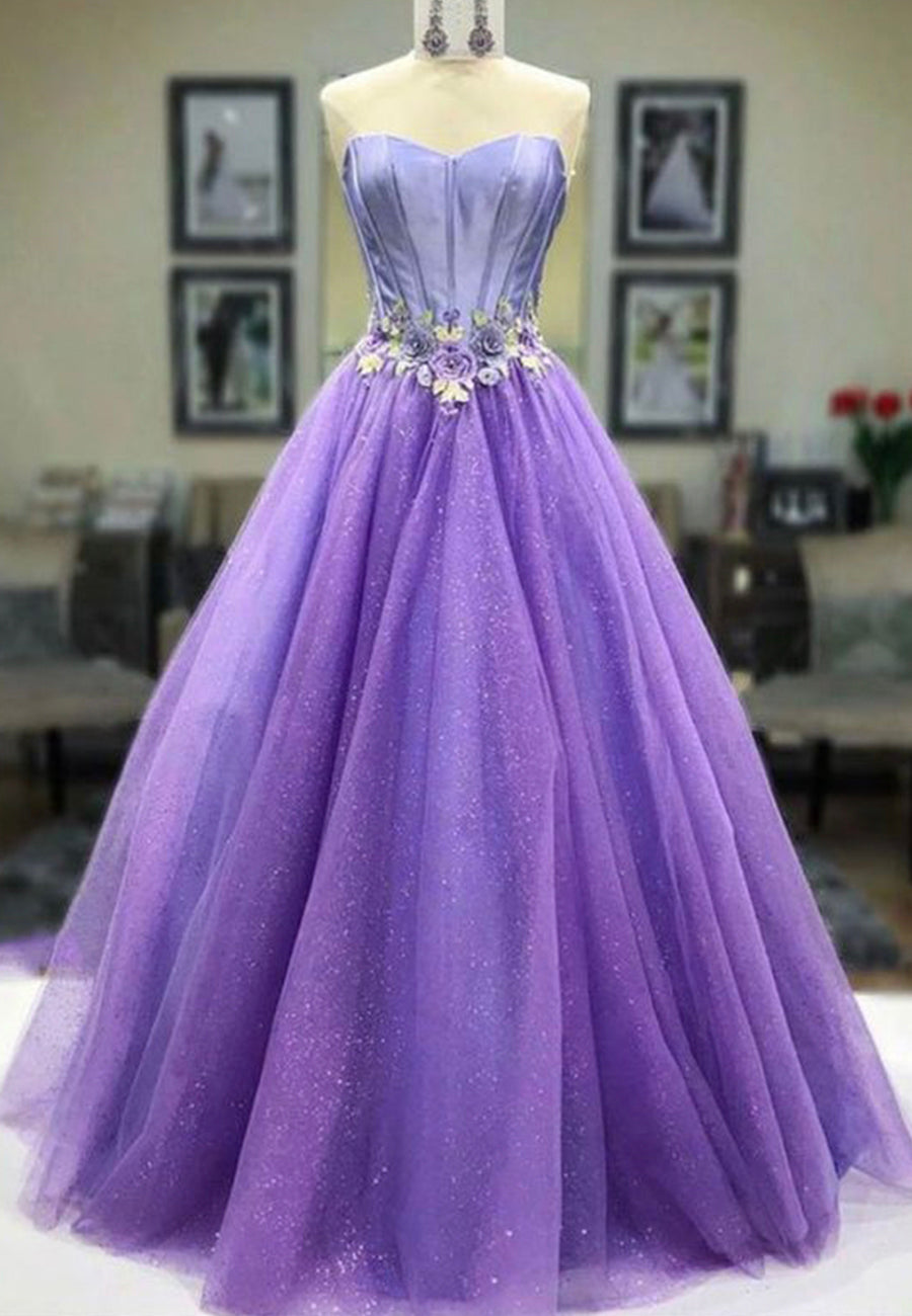 Purple Strapless Tulle Long Corset Prom Dresses, A-Line Evening Dresses outfit, Summer Wedding Color