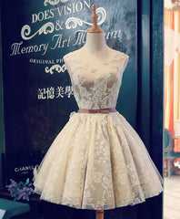 Cute Champagne Lace Short Corset Prom Dress, Evening Dress outfit, 25 Th Grade Dance Dress