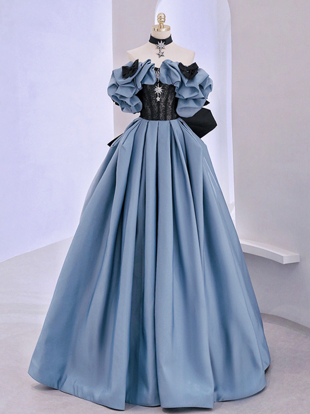 Blue Satin Lace Long Corset Prom Dress, Off Shoulder Evening Dress outfit, Spring Wedding Color