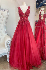 Red V-Neck Tulle Lace Long Corset Prom Dresses, A-Line Red Evening Party Dresses outfit, Party Dresses 2044