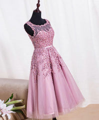 Cute Pink Lace Tulle Short Corset Prom Dress, Pink Evening Dress outfit, Dress Short