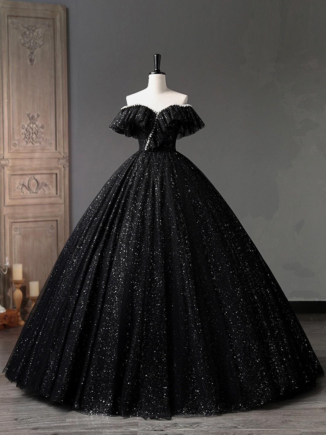 Black Tulle Long A-Line Corset Prom Dress, Shiny Off Shoulder Evening Dress outfit, Bridesmaids Dress Pink