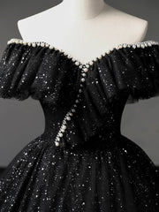 Black Tulle Long A-Line Corset Prom Dress, Shiny Off Shoulder Evening Dress outfit, Bridesmaids Dresses Pink