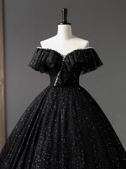Black Tulle Long A-Line Corset Prom Dress, Shiny Off Shoulder Evening Dress outfit, Bridesmaid Dresses Mismatched Spring Wedding Colors
