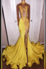 2024 Junoesque Yellow Split Mermaid/Trumpet Long Sleeve Satin Corset Prom Dresses outfit, Bridesmaid Dresses Mismatch