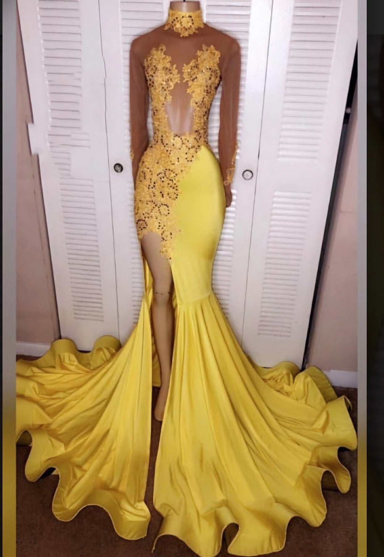 2024 Junoesque Yellow Split Mermaid/Trumpet Long Sleeve Satin Corset Prom Dresses outfit, Formal Dresses To Wear To A Wedding