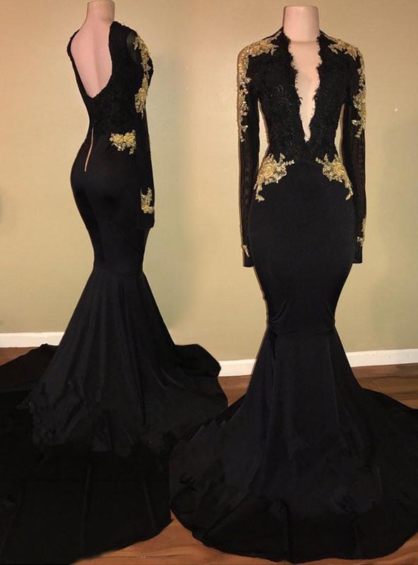 2024 Charming Long Sleeve Black V-neck Corset Prom Dresses outfit, Bridesmaids Dressing Gowns