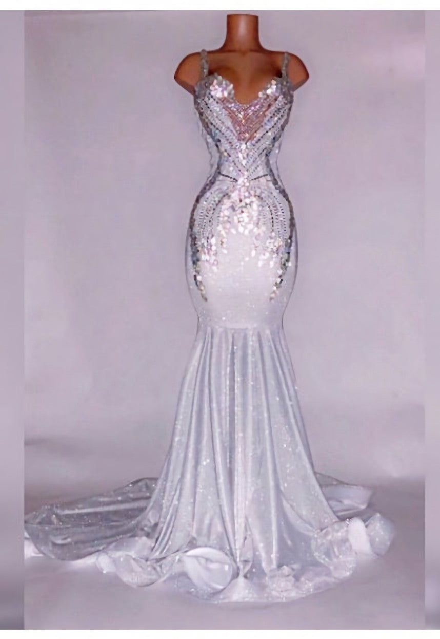 Alluring Silver Satin Beaded Mermaid Corset Prom Dresses outfit, Formal Dress Vintage