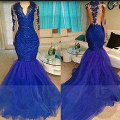 2024 Long Sleeve Royal Blue V-neck Tulle Mermaid Corset Prom Dresses outfit, Bridesmaid Dress Outdoor Wedding