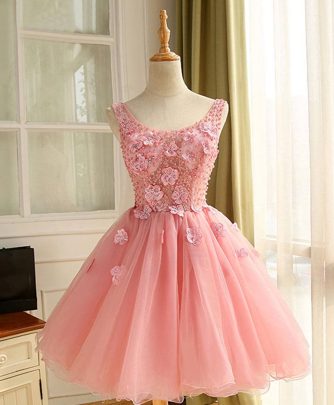 Cute A Line Pink Tulle Pearl Short Corset Prom Dress, Corset Homecoming Dress outfit, Formal Dresses For 30 Year Olds