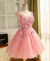 Cute A Line Pink Tulle Pearl Short Corset Prom Dress, Corset Homecoming Dress outfit, Formal Dress Attire For Wedding