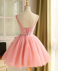 Cute A Line Pink Tulle Pearl Short Corset Prom Dress, Corset Homecoming Dress outfit, Formal Dress For Wedding Reception