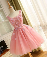 Cute A Line Pink Tulle Pearl Short Corset Prom Dress, Corset Homecoming Dress outfit, Formal Dresses For Wedding Guests