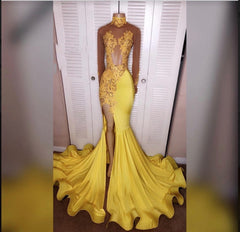 2024 Junoesque Yellow Split Mermaid/Trumpet Long Sleeve Satin Corset Prom Dresses outfit, Formal Dress Inspo