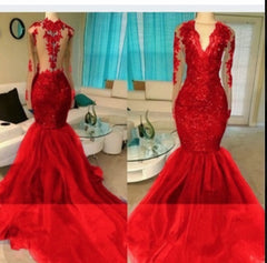 2024 Red Appliques Long Sleeve V-neck Corset Prom Dresses outfit, Formal Dresses Long Elegant