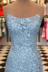 Blue Spaghetti Straps Backless Appliques Corset Prom Dress outfits, Prom Dresses Uk