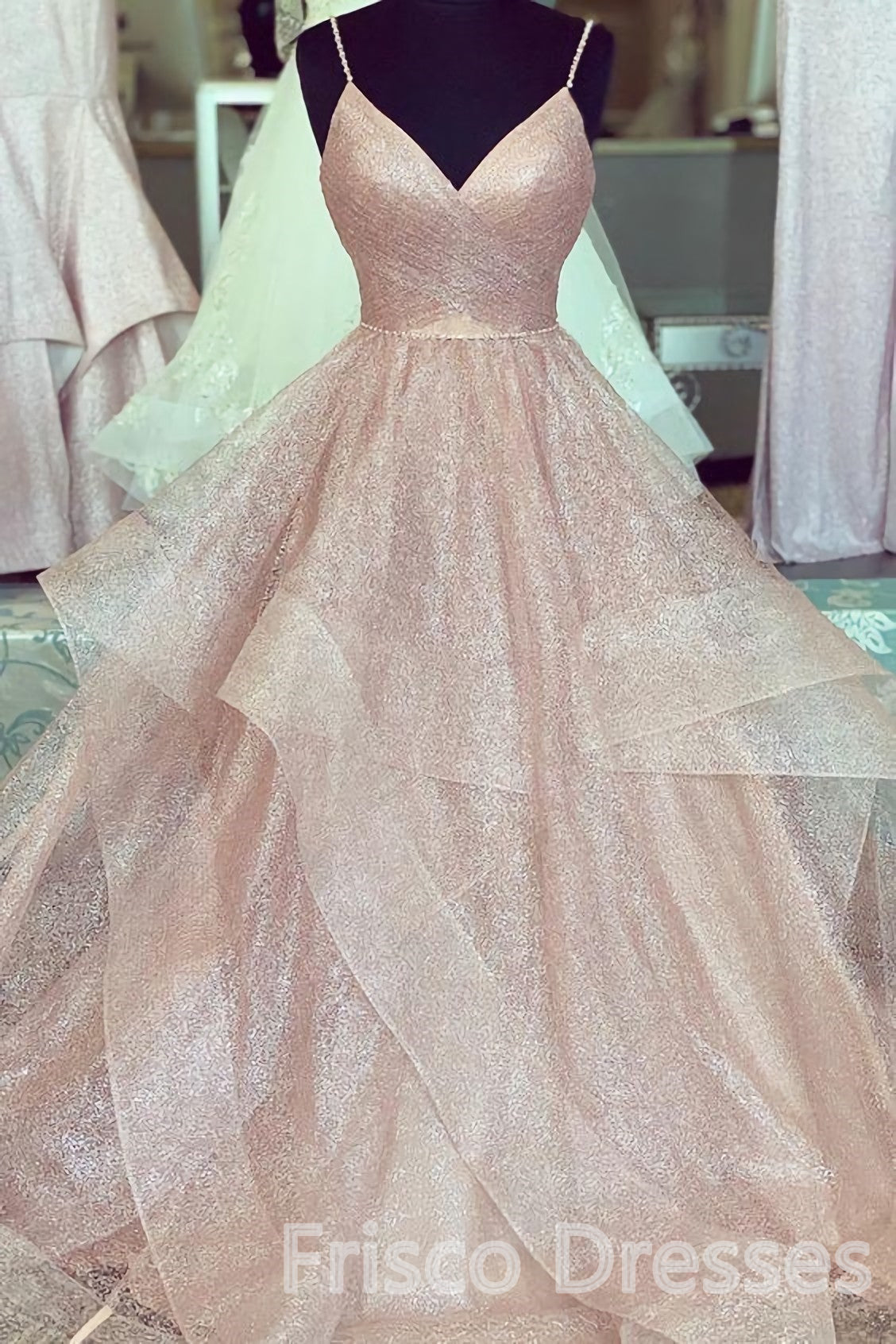 A Line Rose Gold Pleated Bodice Ruffled Long Corset Prom Dresses outfit, Party Dresses On Sale