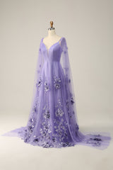Purple Watteau Train Corset Prom Dress With 3D Flowers outfit, Wedding Decor