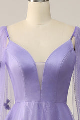 Purple Watteau Train Corset Prom Dress With 3D Flowers outfit, Bridesmaid Dresses Purple
