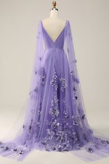 Purple Watteau Train Corset Prom Dress With 3D Flowers outfit, Bridesmaid Dresses Earth Tones