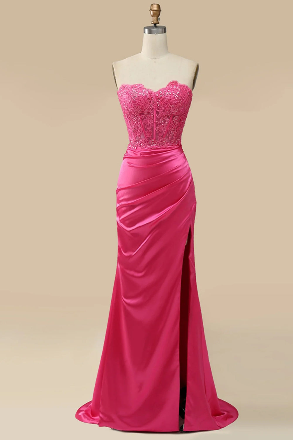 Sparkly Hot Pink Corset Long Sheath Corset Prom Dress with Slit Gowns, Unique Wedding Ideas