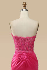 Sparkly Hot Pink Corset Long Sheath Corset Prom Dress with Slit Gowns, Boho Wedding