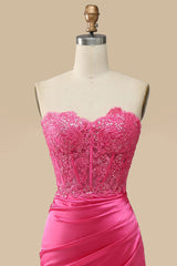 Sparkly Hot Pink Corset Long Sheath Corset Prom Dress with Slit Gowns, Mother Of The Bride Dress