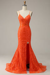 Mermaid Spaghetti Straps Orange Long Corset Prom Dress with Slit Front Gowns, Elegant Wedding Dress