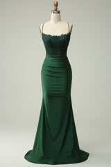 Sparkly Dark Green Beaded Long Corset Prom Dress with Appliques Gowns, Party Dress Night Out
