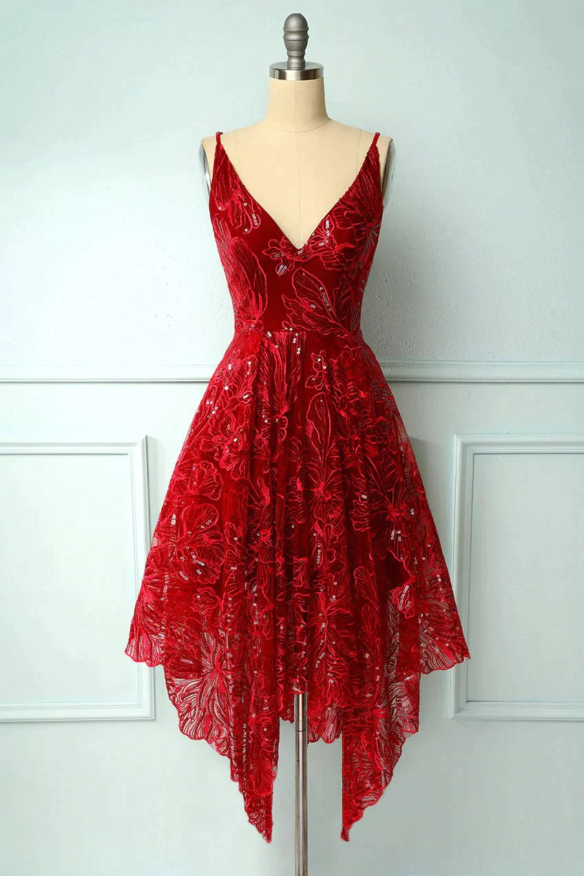 Burgundy Lace V-Neck Short Corset Prom Dress, A-Line Irregular Hem Party Dress Outfits, Formal Dresses Ideas