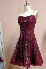 Burgundy Spaghetti Straps Sleeveless A Line Sequins Corset Homecoming Dresses outfit, Bridesmaid Dress Navy Blue