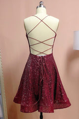 Burgundy Spaghetti Straps Sleeveless A Line Sequins Corset Homecoming Dresses outfit, Bridesmaid Dresses Sage Green
