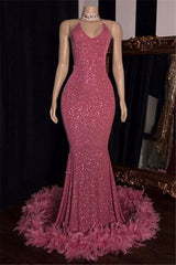 2024 Charming Mermaid Corset Prom Dresses, Hot Pink Sequence With Feathers Halter Backless outfit, Prom Dresses Sleeve