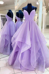 Purple A-Line Tulle Long Corset Prom Dresses, Purple Party Evening Gowns outfit, Sage Green Wedding