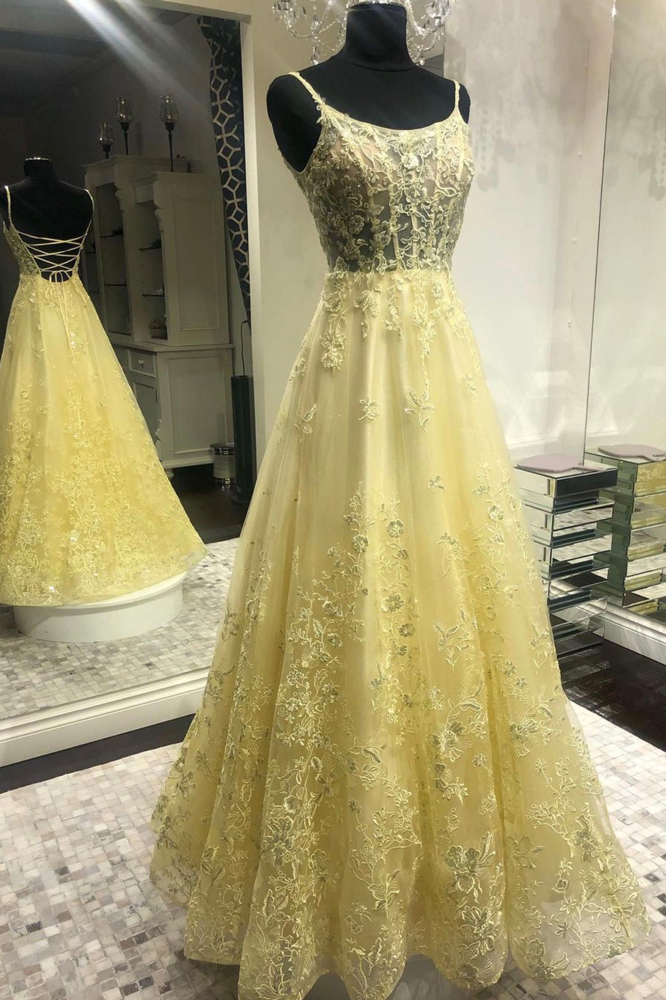 Yellow Lace Long Corset Prom Dresses, Yellow Spaghetti Straps Graduation Dresses outfit, Party Dress Hijab