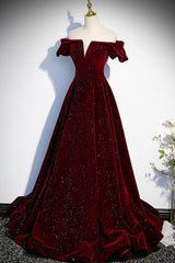 Burgundy Velvet Long Corset Prom Dresses, Off the Shoulder Corset Formal Evening Dresses outfit, Off Shoulder Prom Dress