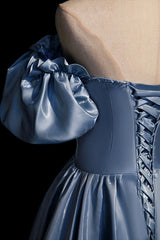 Cute Satin Long Corset Prom Dresses, Blue Short Sleeve A-Line Evening Dresses outfit, Homecoming Dress Under 70