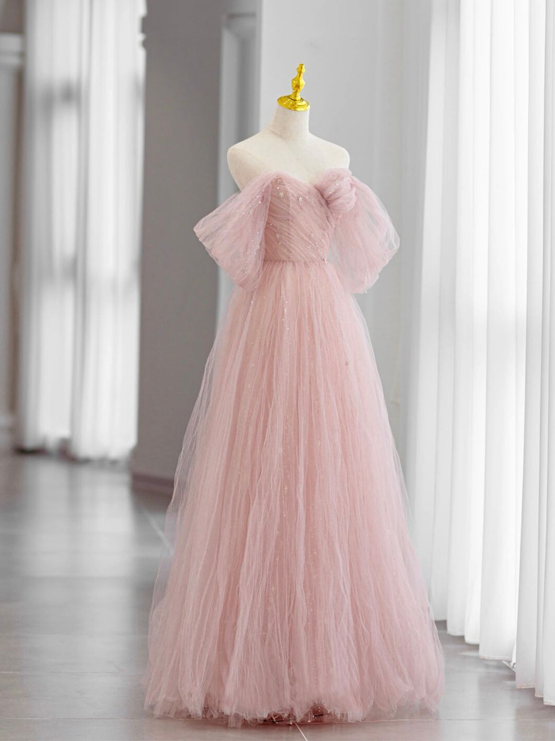 Pink Tulle Long Corset Prom Dress, Beautiful A-Line Off Shoulder Evening Dress outfit, Bridesmaids Dresses Short