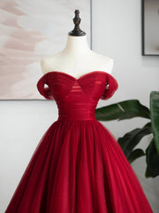 Burgundy Tulle Long Corset Formal Dress, Off Shoulder Evening Dress Party Dress Outfits, Formal Dresses Cocktail