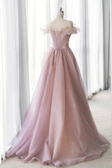 Pink Tulle Long A-line Corset Prom Dress, Lovely Off the Shoulder Evening Dress outfit, Bridesmaids Dress Chiffon