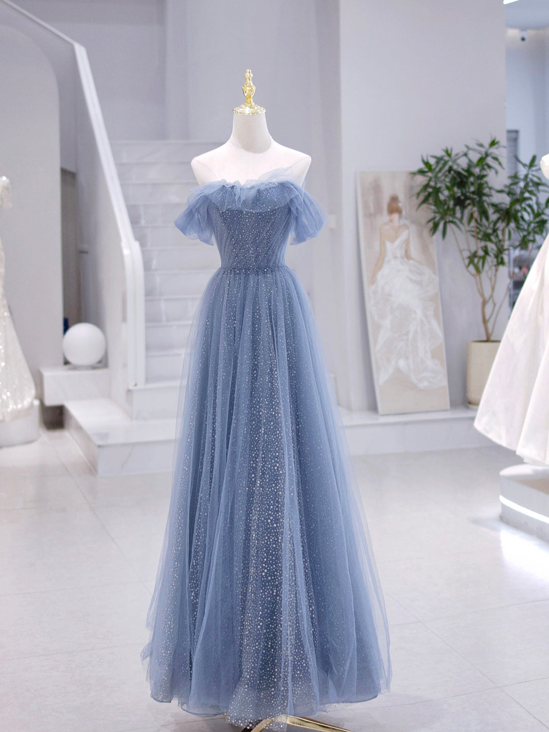 Blue Strapless Tulle Long Corset Prom Dress, Blue A-Line Evening Dress outfit, Party Dresses Website