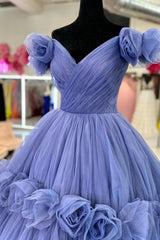 Blue V-neck Tulle Corset Formal Dress with Flowers, Blue Floor Length Corset Prom Dress outfits, Formal Attire